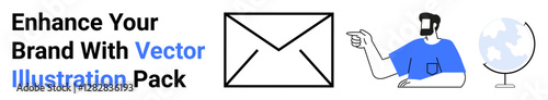 Mail icon, man in blue shirt pointing right, globe outline. Ideal for branding, marketing, business communication, networking, outreach, global strategy landing page banner