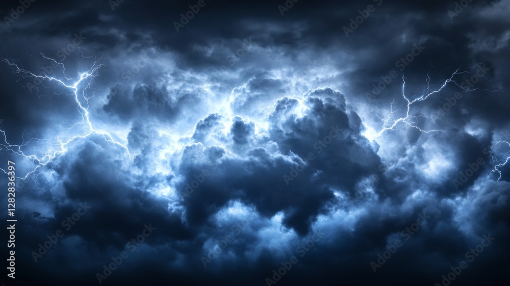 Dramatic thunderstorm cloud formation illuminated by lightning flashes during a nighttime sky Dramatic thunderstorm cloud formation illuminated by lightning flashes during a nighttime sky