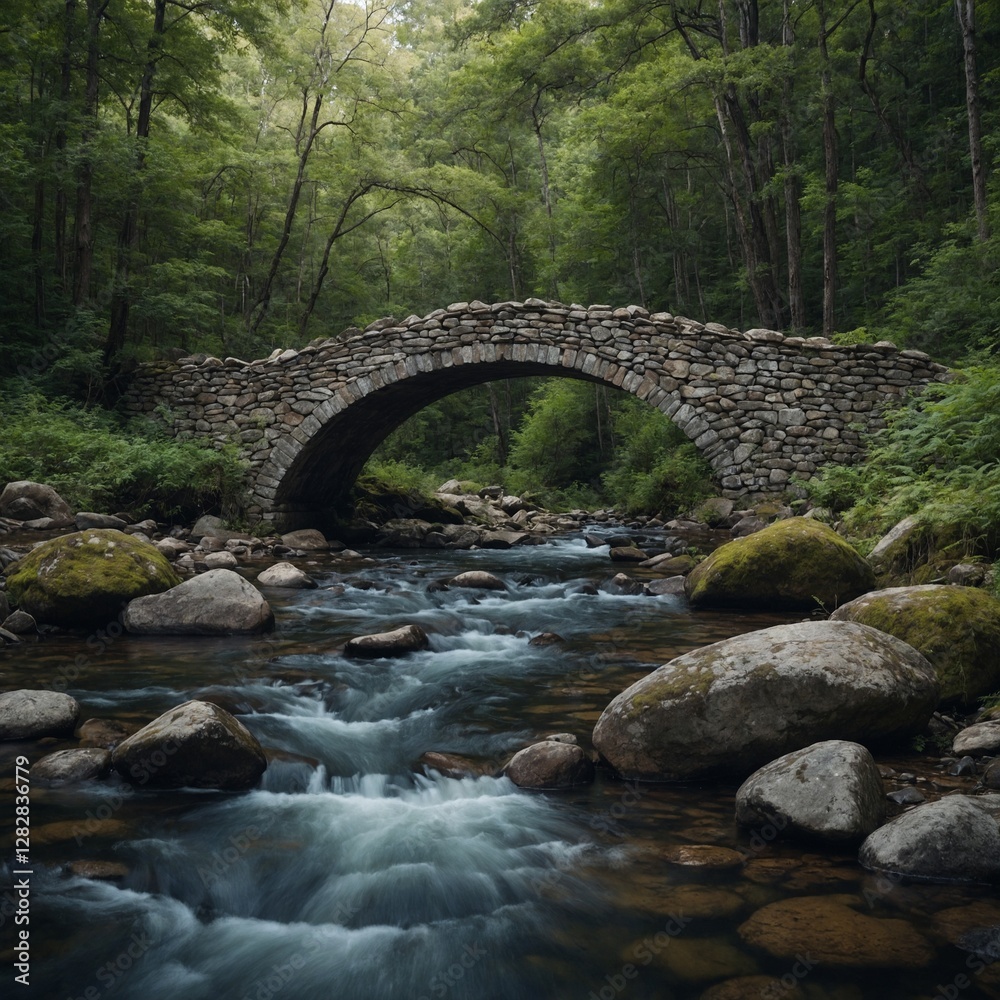 A quiet road with a stone bridge crossing over a shallow creek in the forest. A quiet road with a stone bridge crossing over a shallow creek in the forest.