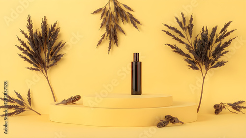 a black cylinder sitting on top of a white pedestal next to some plants and a yellow wall behind it, Évariste Vital Luminais, video art, octane renderer, a 3D render
