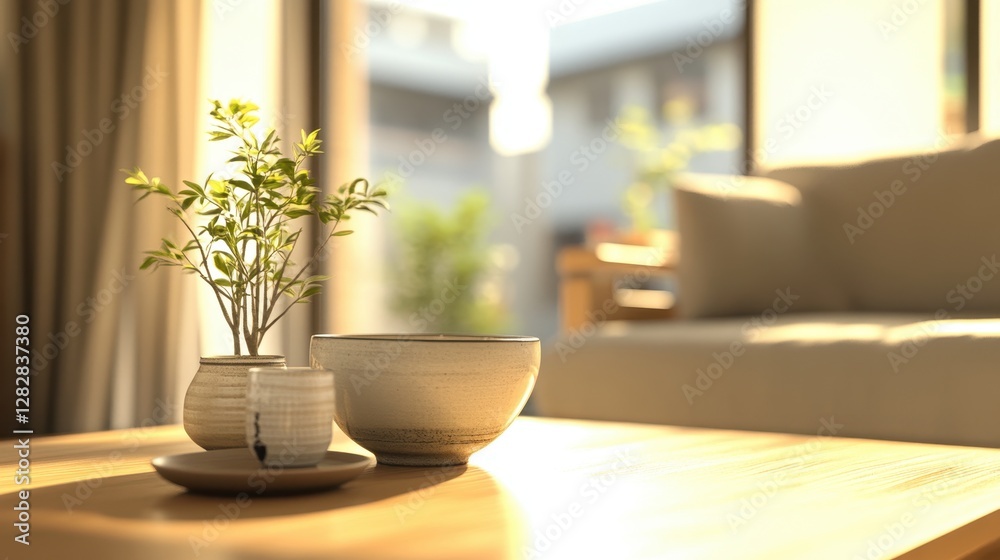 Fototapeta premium Elegant Indoor Plant and Minimalist Decor on Wooden Table