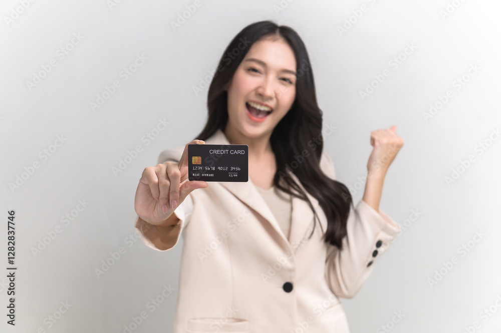 Studio portrait photo of young beautiful Asian woman in formal suit dressing with confident and luxury looking and attractive on white background studio shot. Asian woman holding credit card. Studio portrait photo of young beautiful Asian woman in formal suit dressing with confident and luxury looking and attractive on white background studio shot. Asian woman holding credit card.