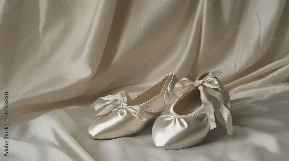 Elegant Satin Ballet Shoes on Smooth Cream Fabric Background Elegant Satin Ballet Shoes on Smooth Cream Fabric Background