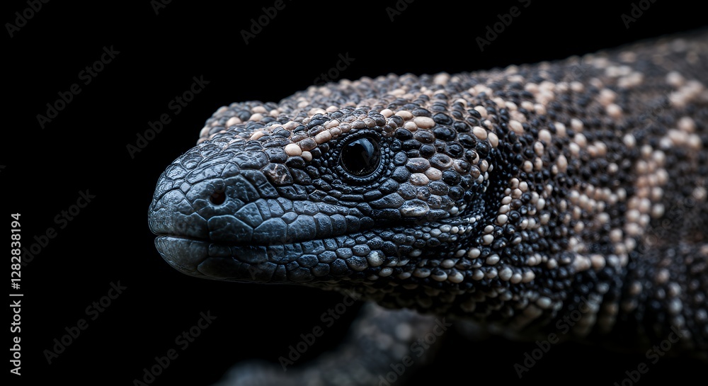 Fototapeta premium Blue-Gray Lizard Profile Close-Up Macro Photography Dark Background