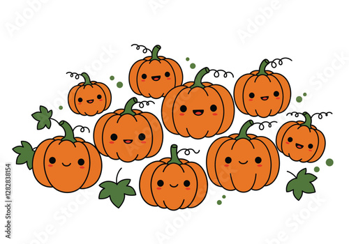 Cute pumpkin patch clipart. This image shows a group of adorable pumpkins with smiling faces and green leaves. Vector illustration design.