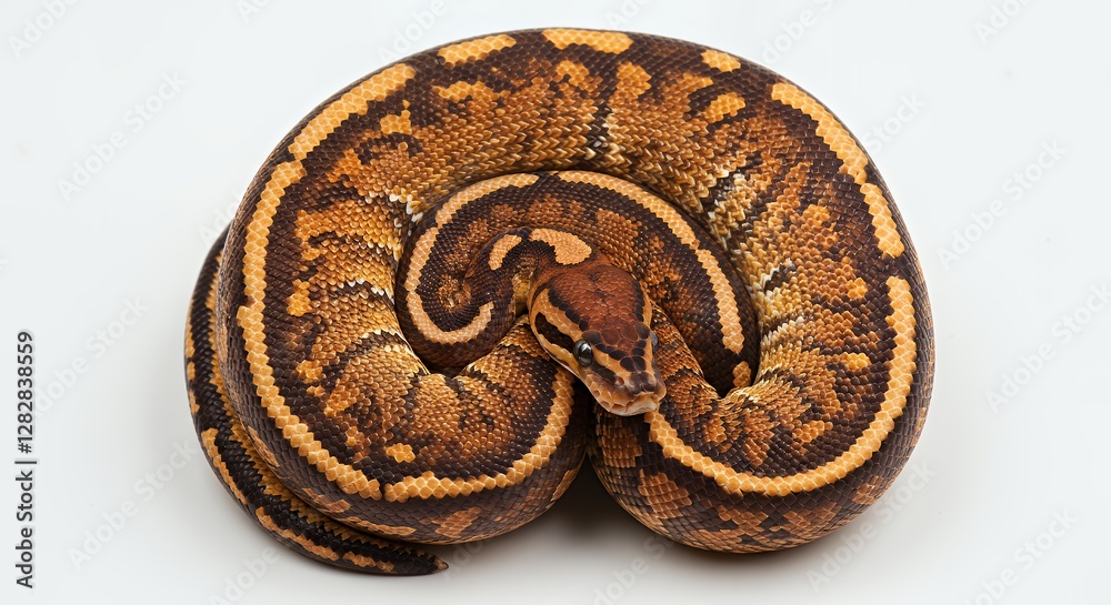 Obraz premium Brown And Orange Ball Python Coiled On White Background Closeup Studio Shot