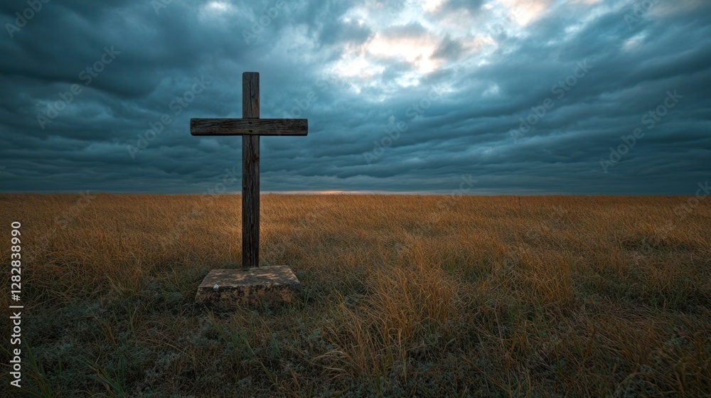 A solitary tombstone, adorned with a rustic wooden cross, situated in an expansive field beneath a cloudy sky, with gentle illumination filtering through. A solitary tombstone, adorned with a rustic wooden cross, situated in an expansive field beneath a cloudy sky, with gentle illumination filtering through.