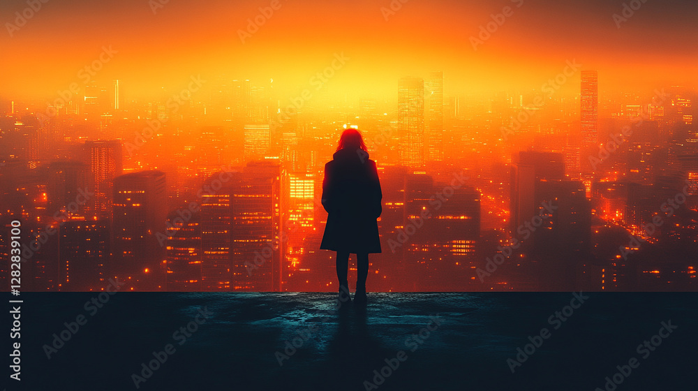 A woman's back silhouette stands on a rooftop, gazing at a futuristic cityscape filled with towering skyscrapers and glowing neon lights under a dark cloudy sky, symbolizing mystery and ambition A woman's back silhouette stands on a rooftop, gazing at a futuristic cityscape filled with towering skyscrapers and glowing neon lights under a dark cloudy sky, symbolizing mystery and ambition