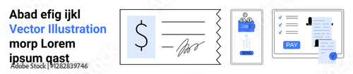 Check with signature, detailed invoice, paper receipt, and online payment icons. Ideal for finance, billing, banking, transactions business operations e-commerce and accounting. Abstract line flat