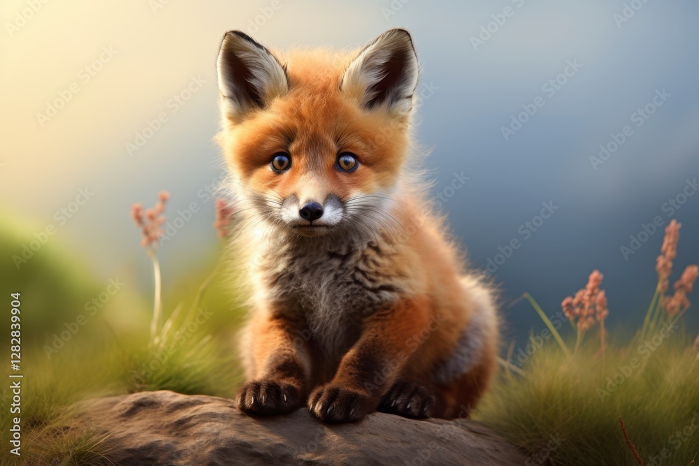 A small red fox is sitting on a rock A small red fox is sitting on a rock