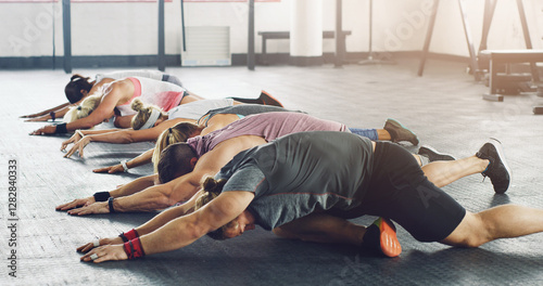 Obraz na plátně Fitness, class and gym for calisthenics exercise, stretching action and group for flexibility