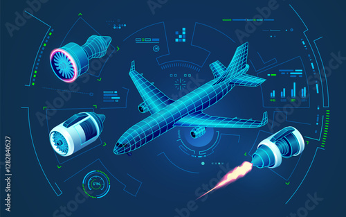 concept of aerospace engineering technology or aviation tech, graphic of airplane and aircraft engine with futuristic interface showing engine construction
