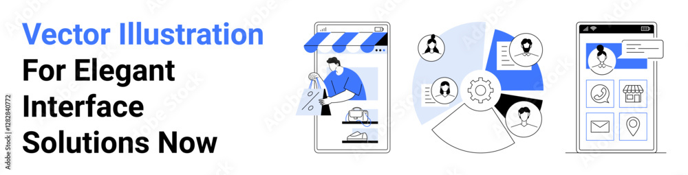 Fototapeta premium Mobile storefront, user analytics, and profile dashboard concept art in clean design. Ideal for marketing, e-commerce, UXUI, technology, data visualization, digital tools flat landing page banner