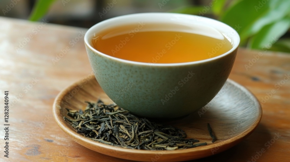 Herbal Tea in Ceramic Cup with Leaves on Wood Background Herbal Tea in Ceramic Cup with Leaves on Wood Background