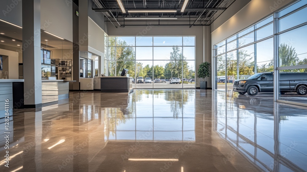 Fototapeta premium Empty dealership with modern minimalist design and neutral tones. Featuring sleek decor and open layout