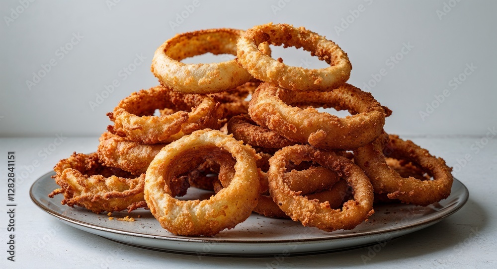 bunch of crispy battered onion rings piled high on a plate on plain white background bunch of crispy battered onion rings piled high on a plate on plain white background