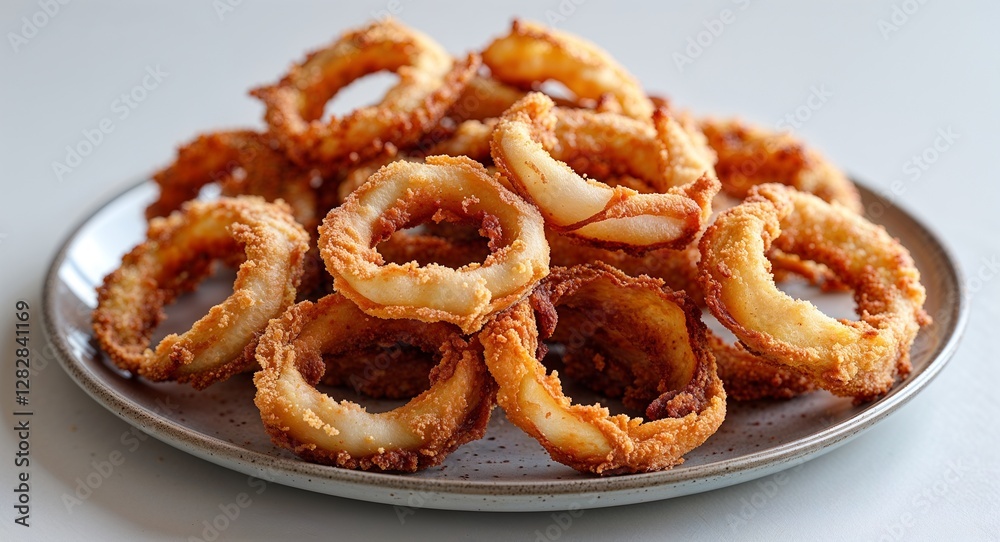 bunch of crispy fried calamari rings placed on a plate on plain white background
