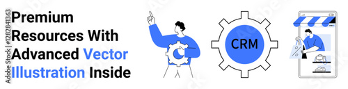 Professional team icon holding gear, CRM cogwheel, and storefront with digital interaction. Ideal for business planning, CRM, automation, e-commerce, technology, process management flat landing page