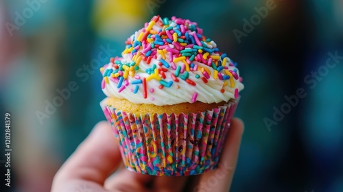 A vibrant cupcake, adorned with a rainbow of colorful sprinkles, held aloft in a joyous celebration, symbolizing sweetness and joy in a moment of merriment.