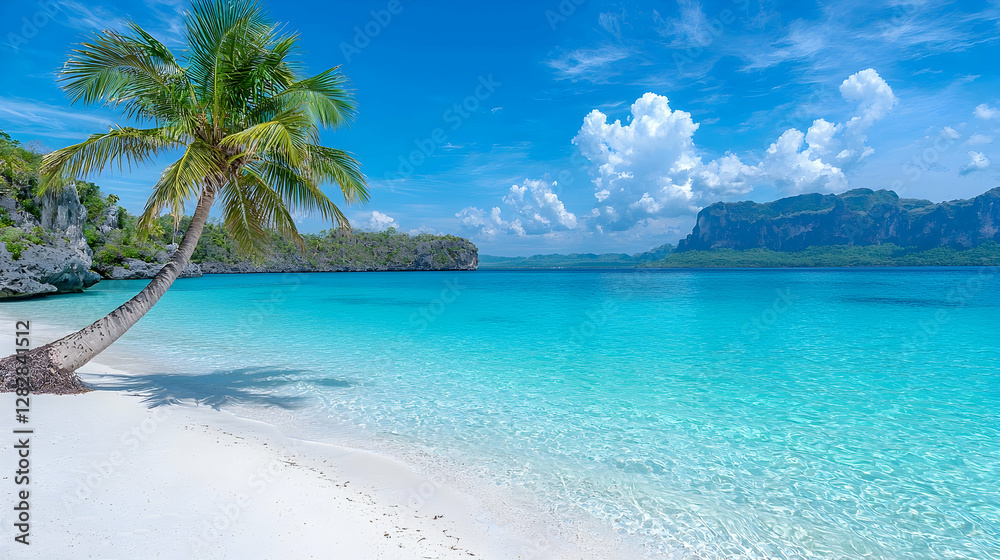 Naklejka premium Tropical beach paradise Coconut palm tree leaning over white sand, turquoise water, island background