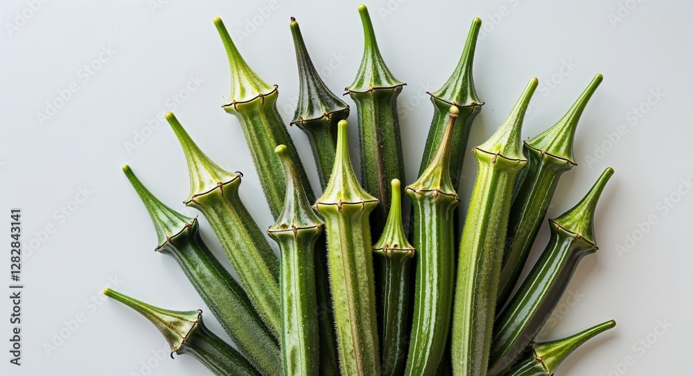 Obraz premium bunch of fresh okra pods with pointed tips on plain white background