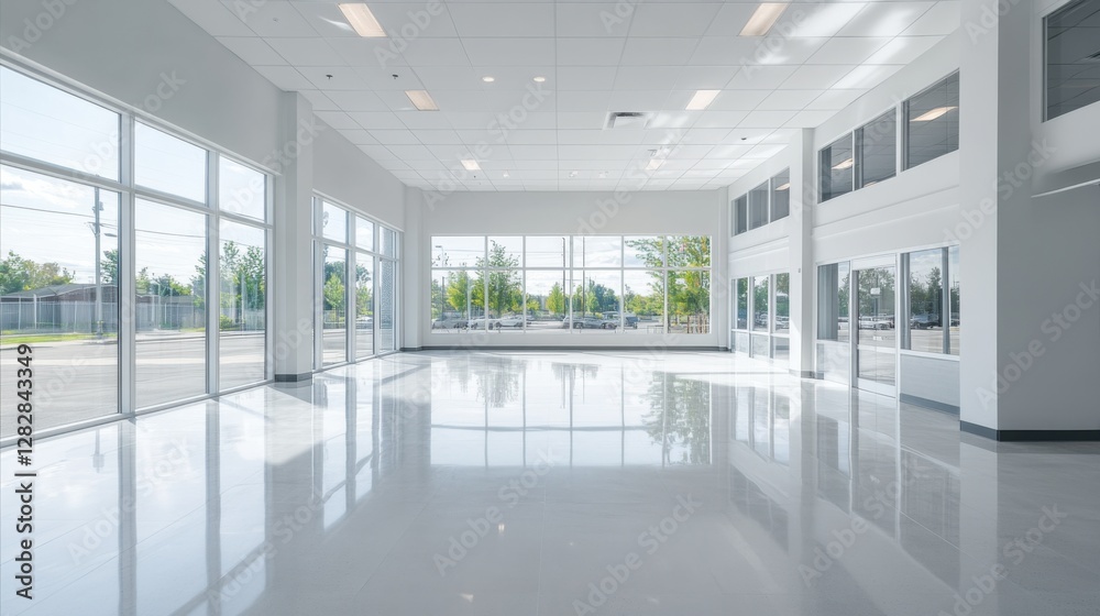 Empty dealership with modern minimalist design and open layout. Featuring neutral tones and clean finishes Empty dealership with modern minimalist design and open layout. Featuring neutral tones and clean finishes