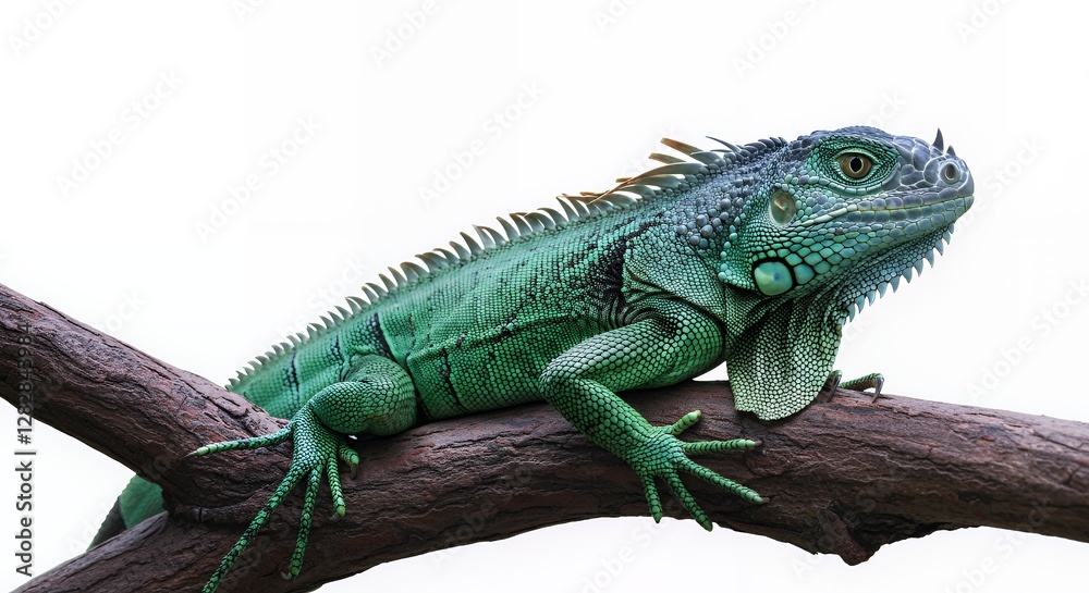 Obraz premium Green and Blue Iguana on Dark Branch Against White Background