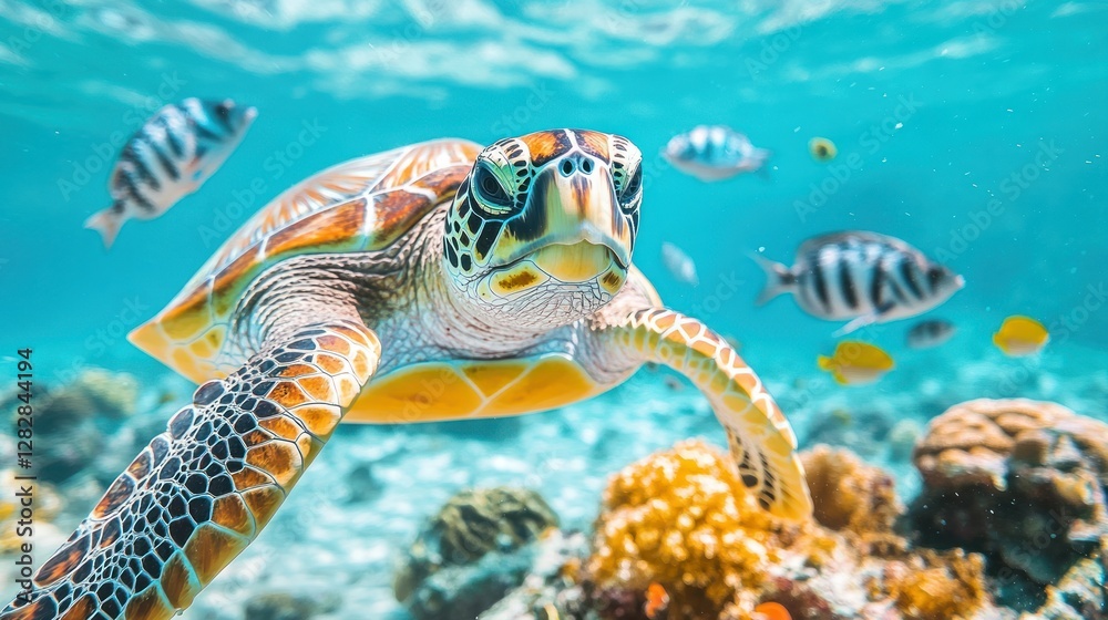Fototapeta premium Sea turtle swimming over coral reef with tropical fish. Use Nature stock photo