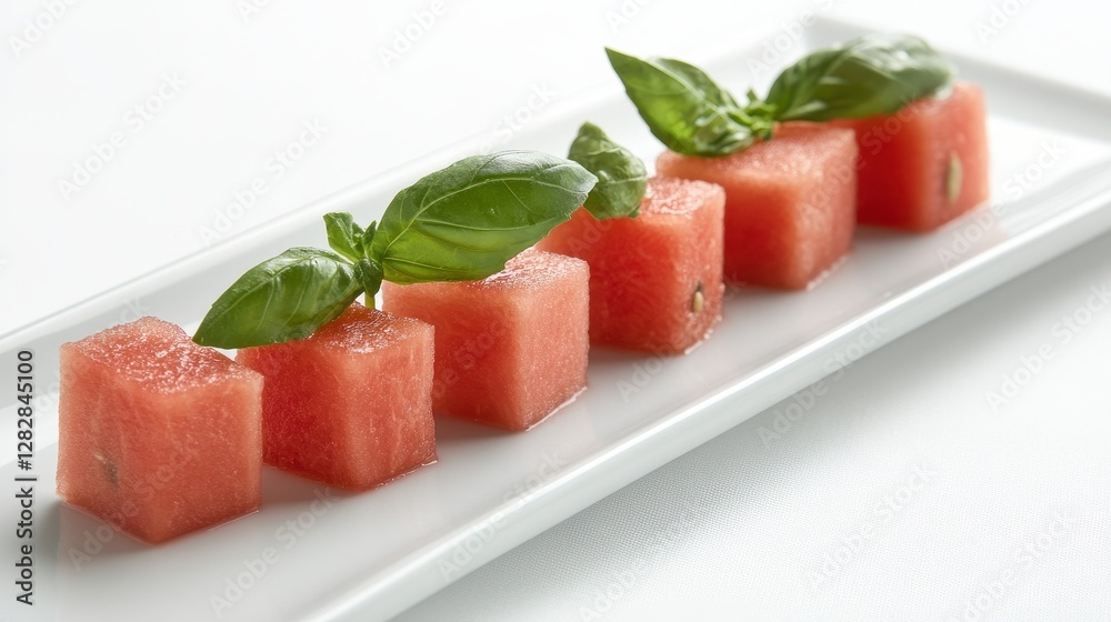 A vibrant display of summer freshness, where juicy watermelon cubes, adorned with fragrant basil leaves, rest on a pristine white backdrop, inviting a taste of tropical bliss. A vibrant display of summer freshness, where juicy watermelon cubes, adorned with fragrant basil leaves, rest on a pristine white backdrop, inviting a taste of tropical bliss.