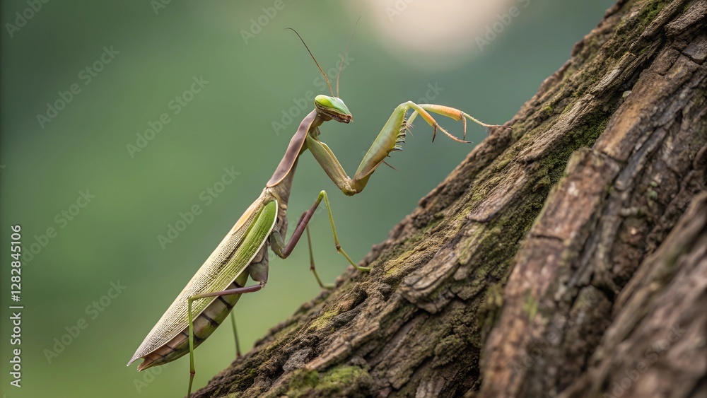 Mantis on Tree: a close-up shot of a Praying Mantis clinging to a textured tree branch, its distinctive body and long legs prominently displayed against a blurred background of natural greens. Mantis on Tree: a close-up shot of a Praying Mantis clinging to a textured tree branch, its distinctive body and long legs prominently displayed against a blurred background of natural greens.
