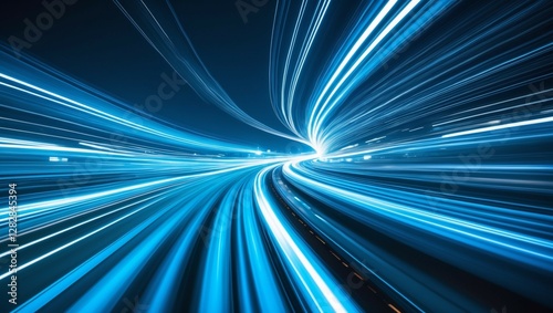 Abstract background with vibrant glowing blue light trails curving and streaking across a dark backdrop