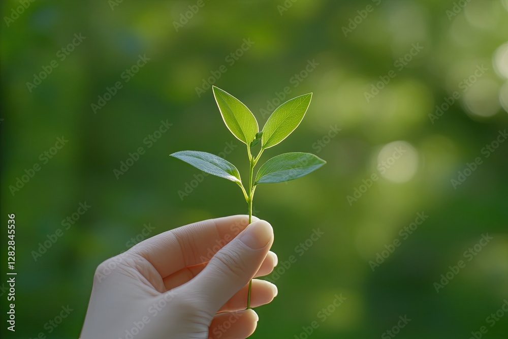 Hand holding sprout, forest background, new life, nature Hand holding sprout, forest background, new life, nature