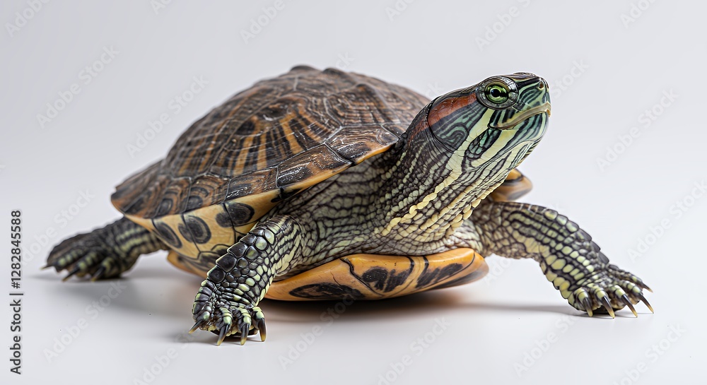 Naklejka premium Red-Eared Slider Turtle Close-Up Studio Shot: Detailed View of Brown Green Shell on White Background