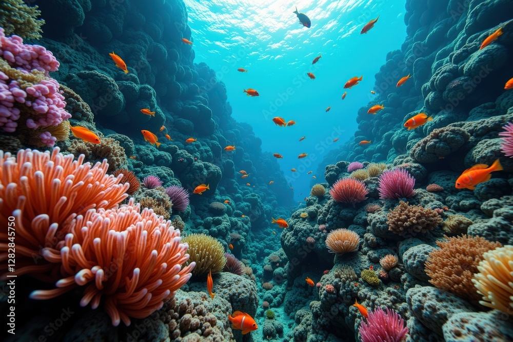 Fototapeta premium Vibrant Coral Reef Ecosystem Underwater with Multifaceted Marine Life in a Clear Blue Ocean, Showcasing Colorful Coral and Diverse Tropical Fish