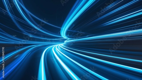 Abstract background with vibrant glowing blue light trails curving and streaking across a dark backdrop