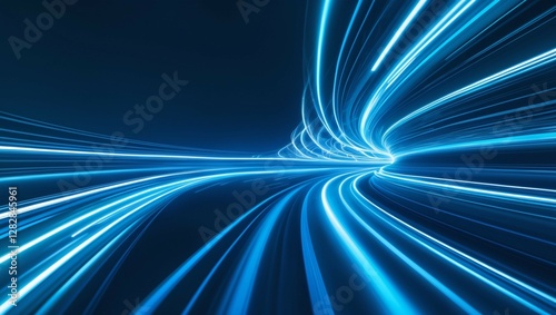 Abstract background with vibrant glowing blue light trails curving and streaking across a dark backdrop