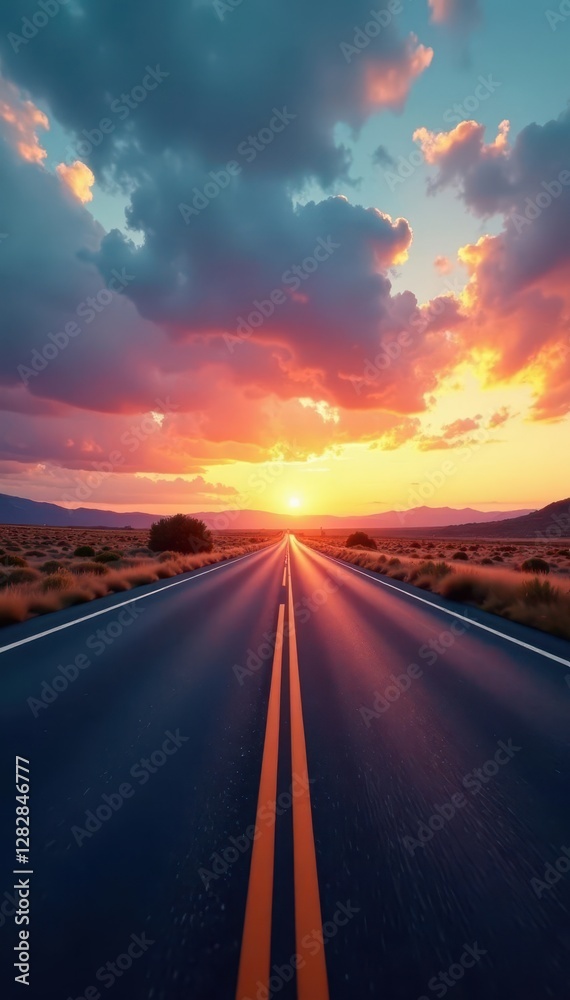 Naklejka premium Asphalt road stretching to horizon, fast-moving car, panoramic, landscape, journey