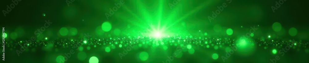 Burst of green light with tiny sparkling dots radiating outward, optical effect, glowing lights Burst of green light with tiny sparkling dots radiating outward, optical effect, glowing lights