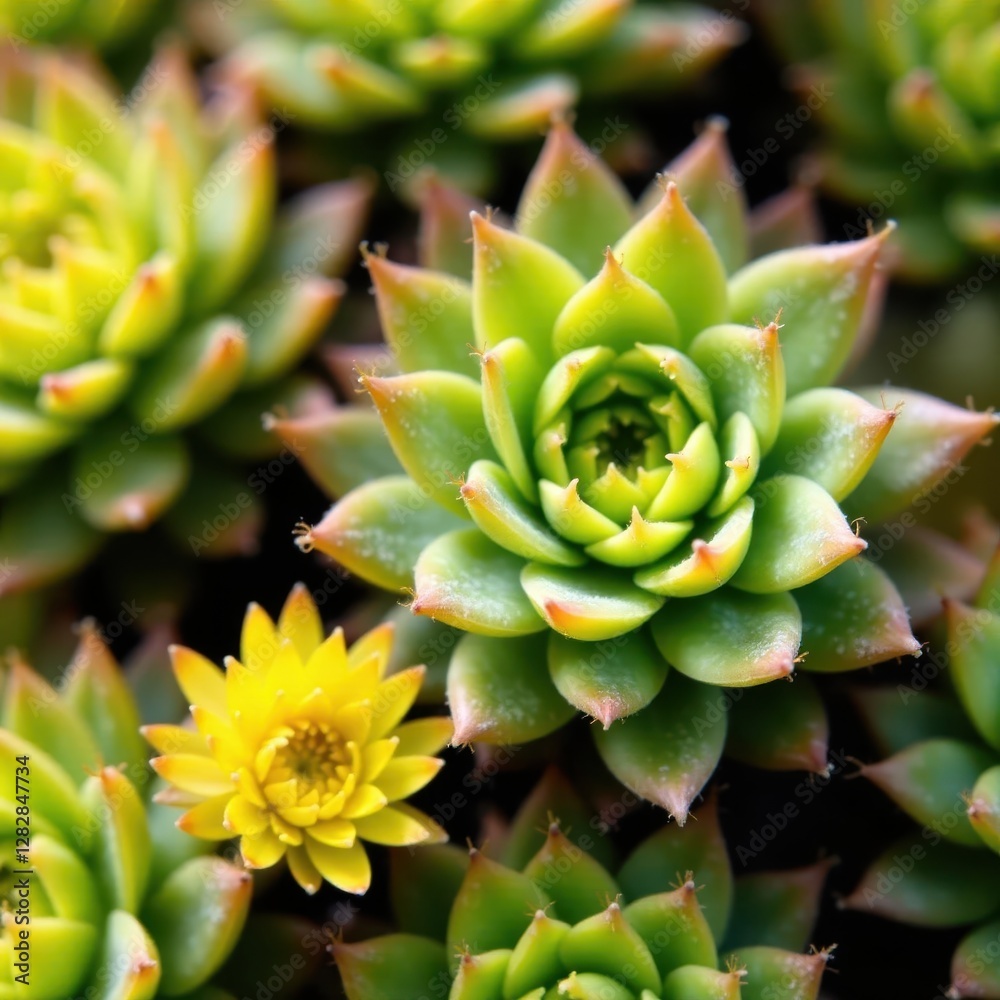 Close-up shot of Sempervivum tectorum succulent plant's intricate leaf details and bright yellow flower blooms, , Close-up Photography Close-up shot of Sempervivum tectorum succulent plant's intricate leaf details and bright yellow flower blooms, , Close-up Photography