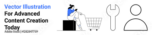 Woman browsing on a smartphone near a shopping cart. Includes a wrench and profile icon. Ideal for online shopping, digital services, content creation, e-commerce tools, customer support, innovation