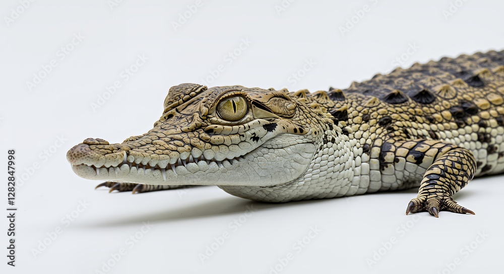 Obraz premium Young Crocodile Close-Up: Yellow-Brown Scales on White Background