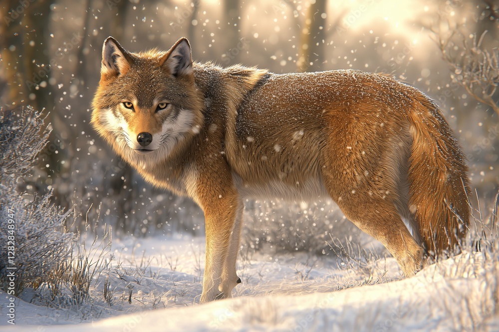 Naklejka premium Wolf walking gracefully through a snowy landscape, its fur glistening under soft winter light, symbolizing survival, resilience and the quiet strength of nature