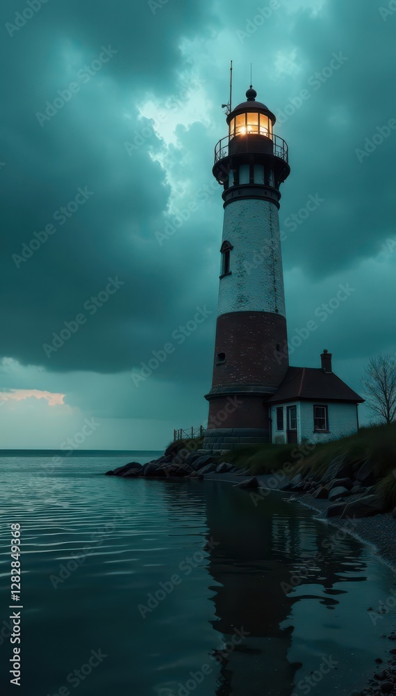 Dark and gloomy stormy sky over flooded historic lighthouse, sea, waves Dark and gloomy stormy sky over flooded historic lighthouse, sea, waves