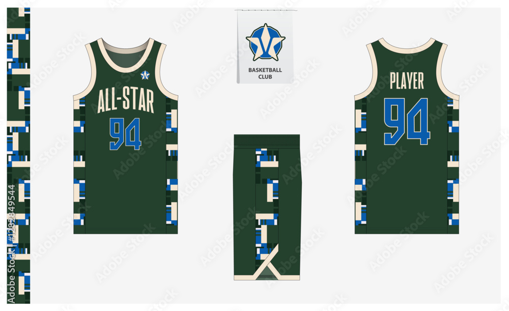 Fototapeta premium Basketball uniform mockup template design for sport club. Basketball jersey, basketball shorts in front and back view. Basketball logo design. 