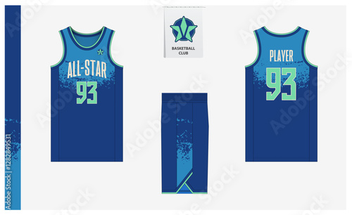 Basketball uniform mockup template design for sport club. Basketball jersey, basketball shorts in front and back view. Basketball logo design. 