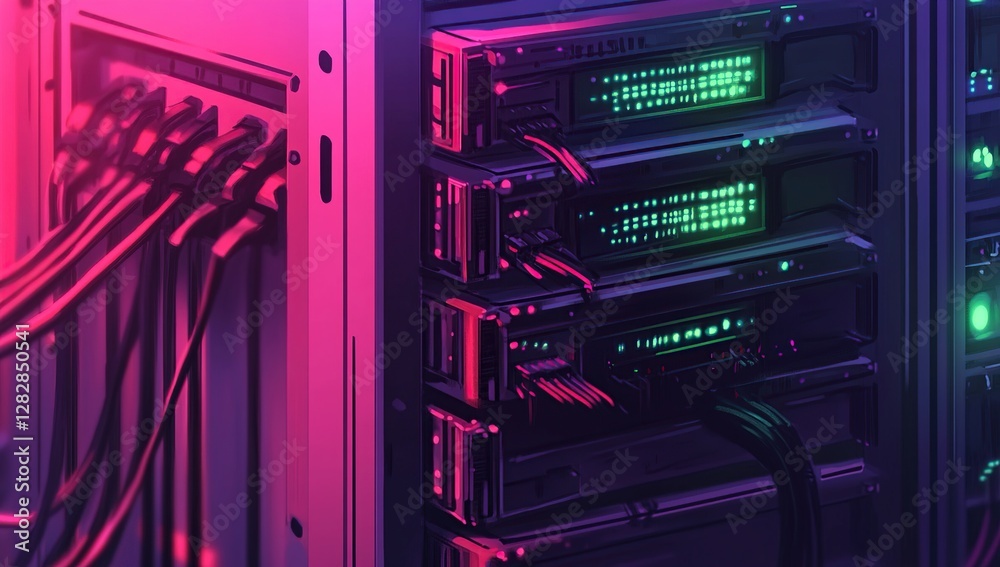 Exploring Futuristic Server Racks: Data Center Technology with Neon Lights and Advanced Wiring in a Sleek Design, Showcasing Innovation. Exploring Futuristic Server Racks: Data Center Technology with Neon Lights and Advanced Wiring in a Sleek Design, Showcasing Innovation.