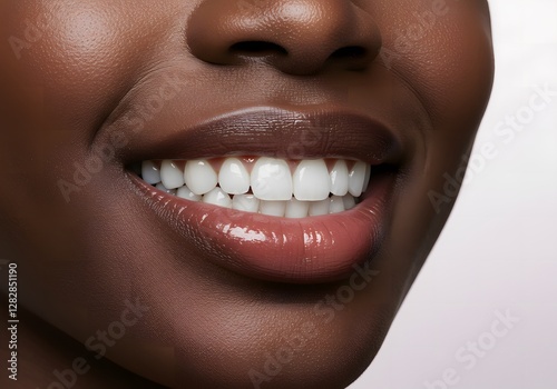 Close-up of a woman's dazzling smile showcasing perfect teeth.
