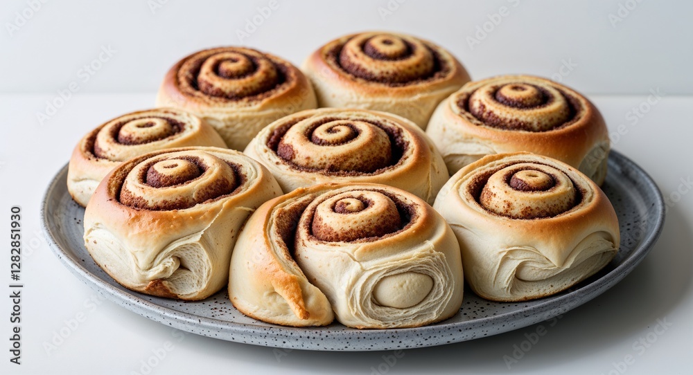 bunch of soft cinnamon rolls on a plate on plain white background bunch of soft cinnamon rolls on a plate on plain white background