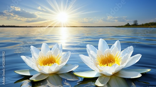 Two White Water Lilies on a Calm Lake at Sunset