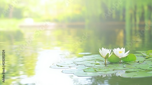Two White Water Lilies on Lily Pads in a Calm Pond
